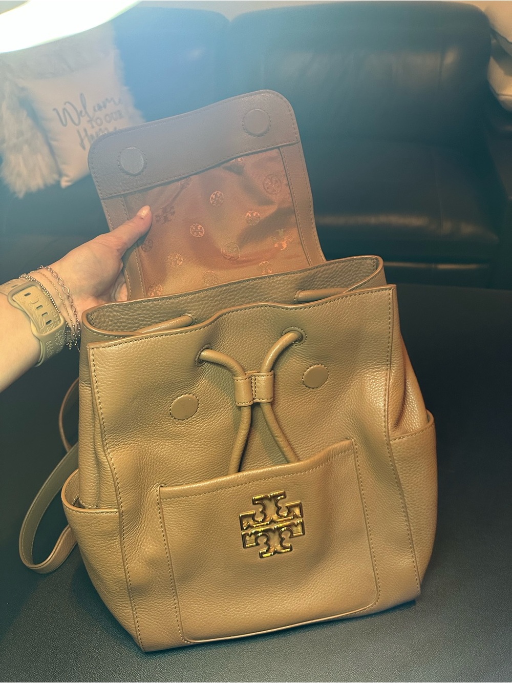 Tory Burch Britten Pebbled Leather Logo Backpack Tan